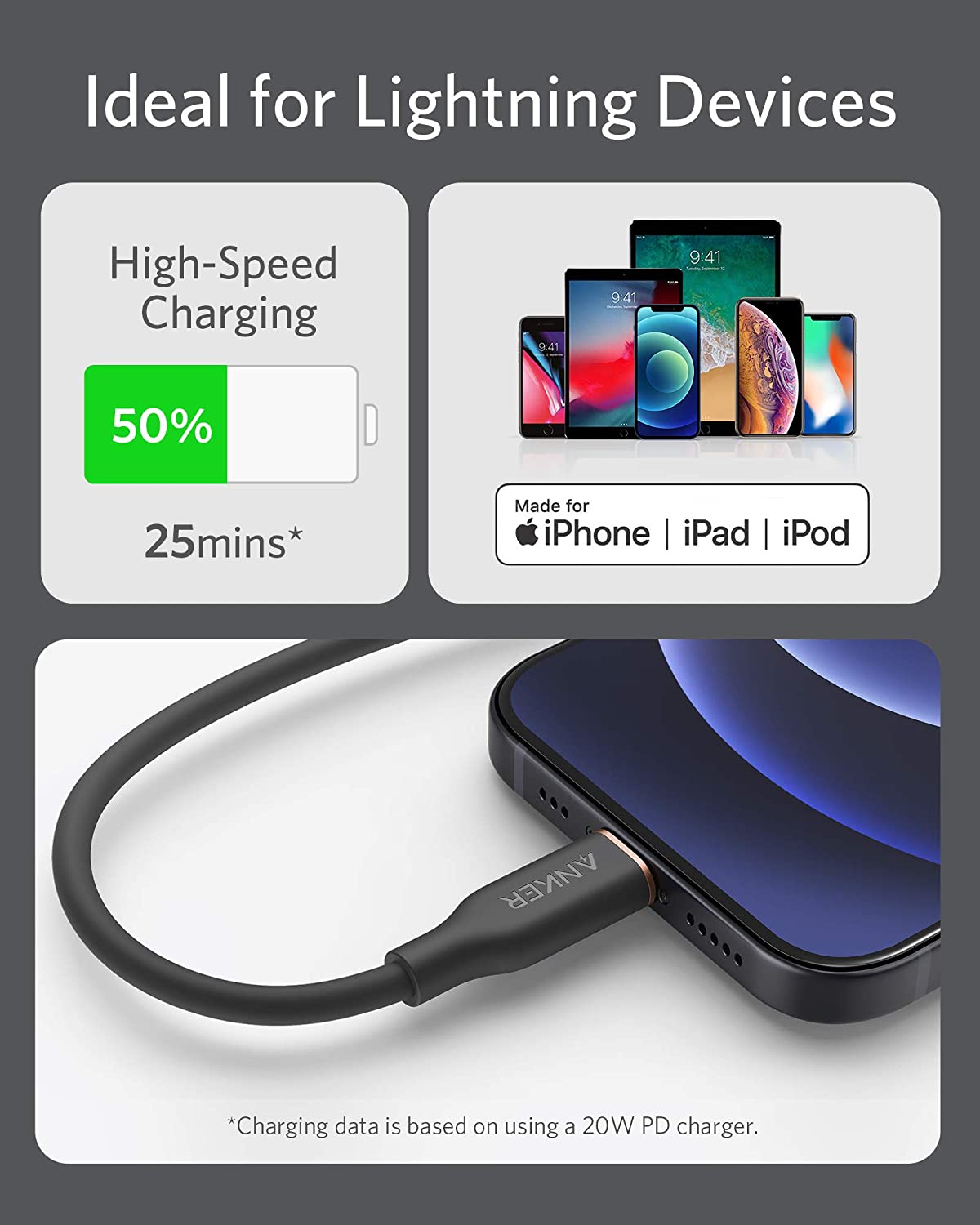Anker USB-C to Lightning Cable (Flow, 3 ft Silicone)